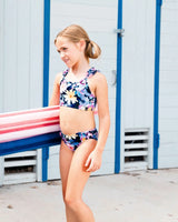 Printed Two-Piece Swimsuit Navy And Yellow And Pink Flowers | Deux par Deux | Jenni Kidz