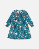 Puffy Long Sleeve Viscose Dress Turquoise Printed Fairy Unicorn | Deux par Deux | Jenni Kidz