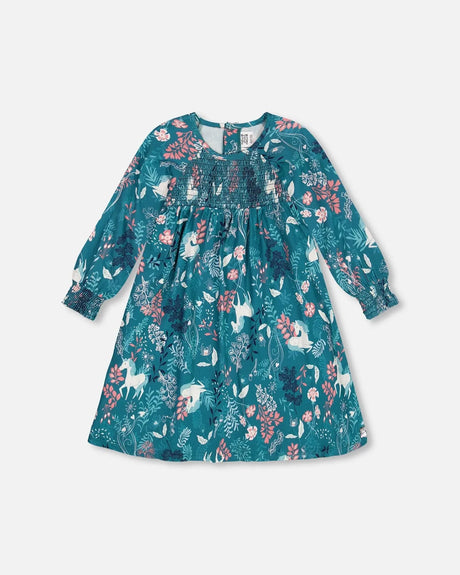 Puffy Long Sleeve Viscose Dress Turquoise Printed Fairy Unicorn | Deux par Deux | Jenni Kidz