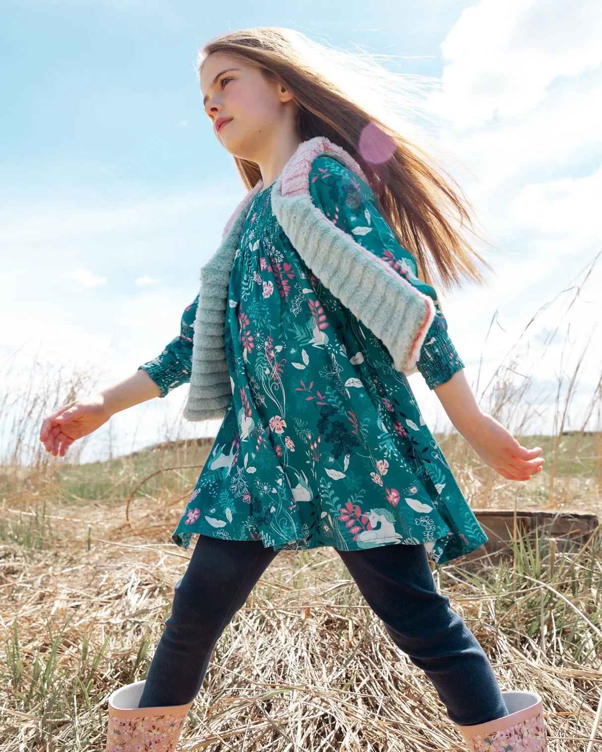 Puffy Long Sleeve Viscose Dress Turquoise Printed Fairy Unicorn | Deux par Deux | Jenni Kidz