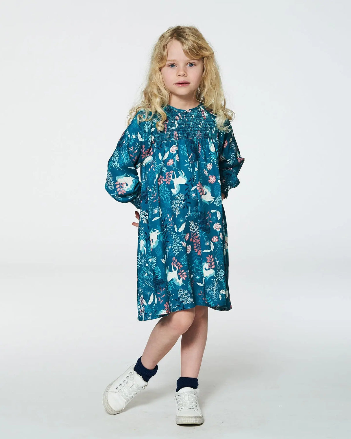 Puffy Long Sleeve Viscose Dress Turquoise Printed Fairy Unicorn | Deux par Deux | Jenni Kidz