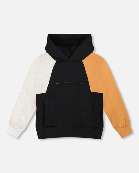 Pullover Hooded Fleece Sweatshirt With Zip Pocket Black | Deux par Deux | Jenni Kidz