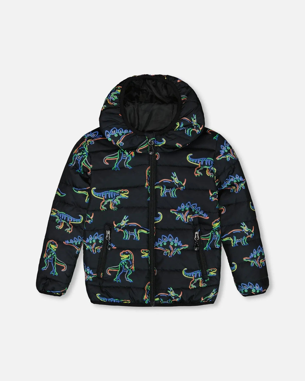 Quilted Jacket Black Printed Neon Dino | Deux par Deux | Jenni Kidz