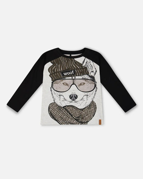 Raglan T-Shirt With Print Gray Mix And Black | Deux par Deux | Jenni Kidz