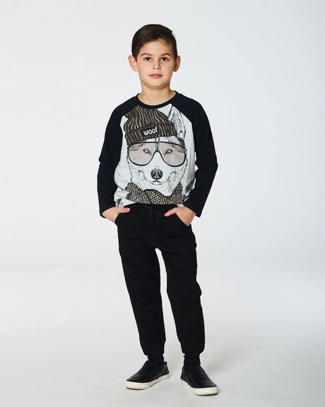 Raglan T-Shirt With Print Gray Mix And Black | Deux par Deux | Jenni Kidz