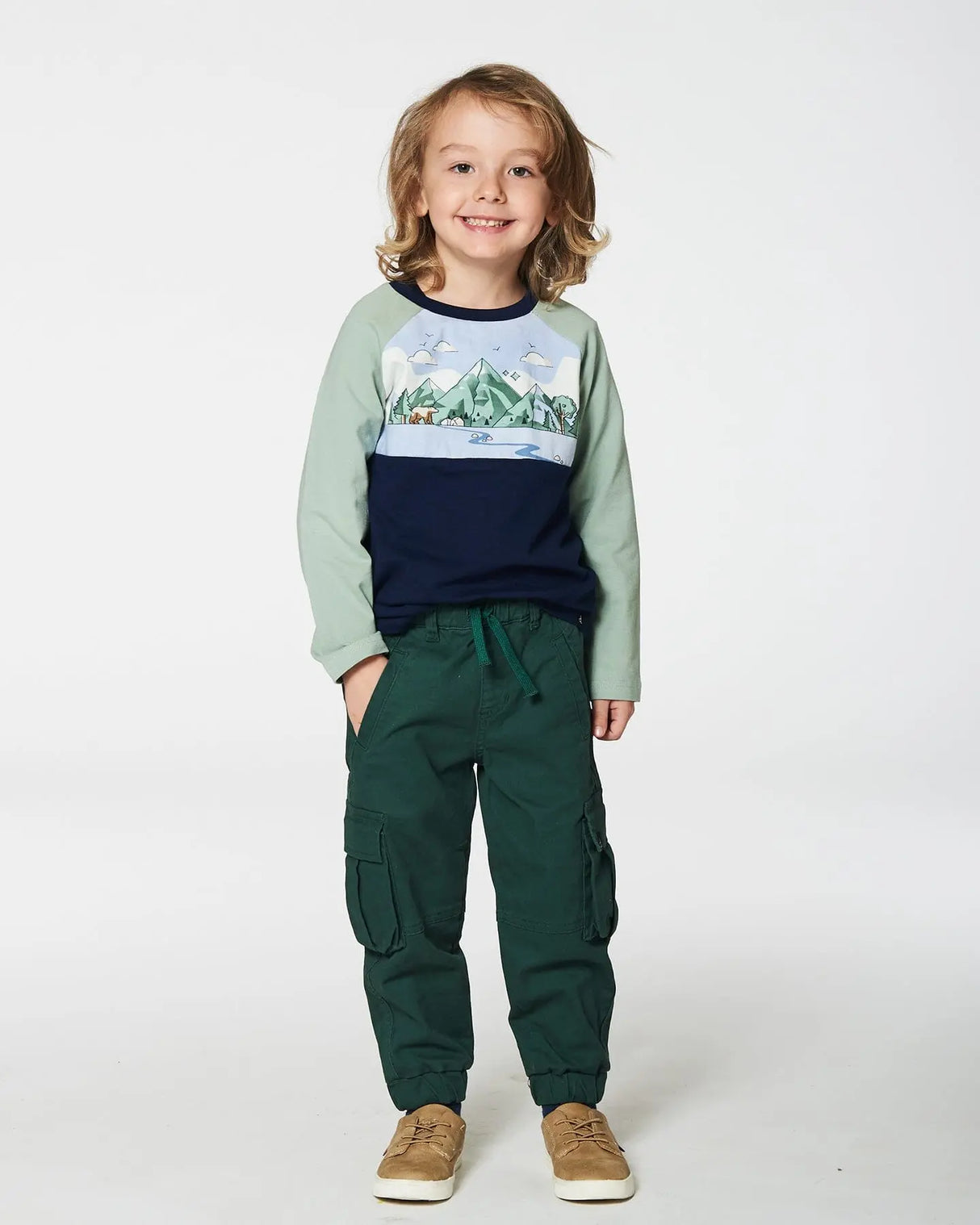 Raglan T-Shirt With Print Sage And Navy | Deux par Deux | Jenni Kidz