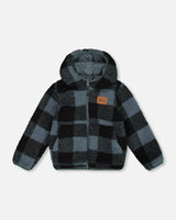 Reversible Sherpa Jacket Blue And Black Plaid | Deux par Deux | Jenni Kidz