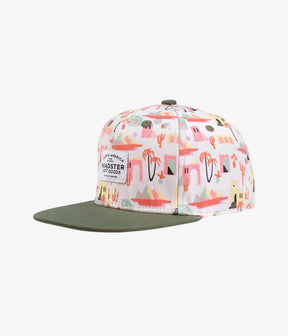 Cream Saguaro kids snapback with colorful desert scene and olive brim, angled front view