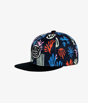 Black Seawall kids snapback with colorful organic shapes and black brim, angled front view