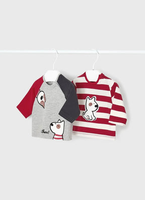 Two Mayoral baby long-sleeve tees with grey colour-block and red striped dog designs
