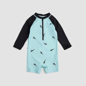 Miles The Label baby boys Aqua shark print long-sleeve swim romper with UPF 50+ and front zipper.