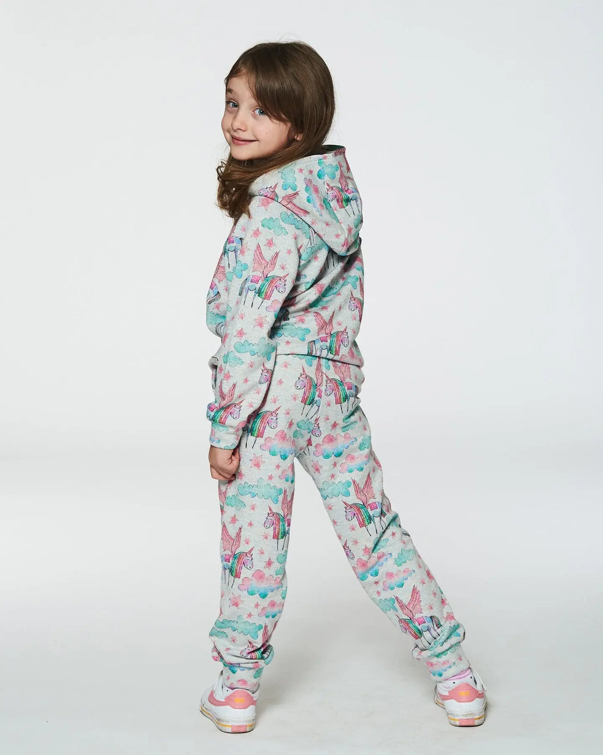 Shiny French Terry Sweatpants Gray Mix Printed Unicorn | Deux par Deux | Jenni Kidz