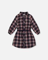 Shirt Flannel Dress With Belt Plaid Navy And Pink | Deux par Deux | Jenni Kidz