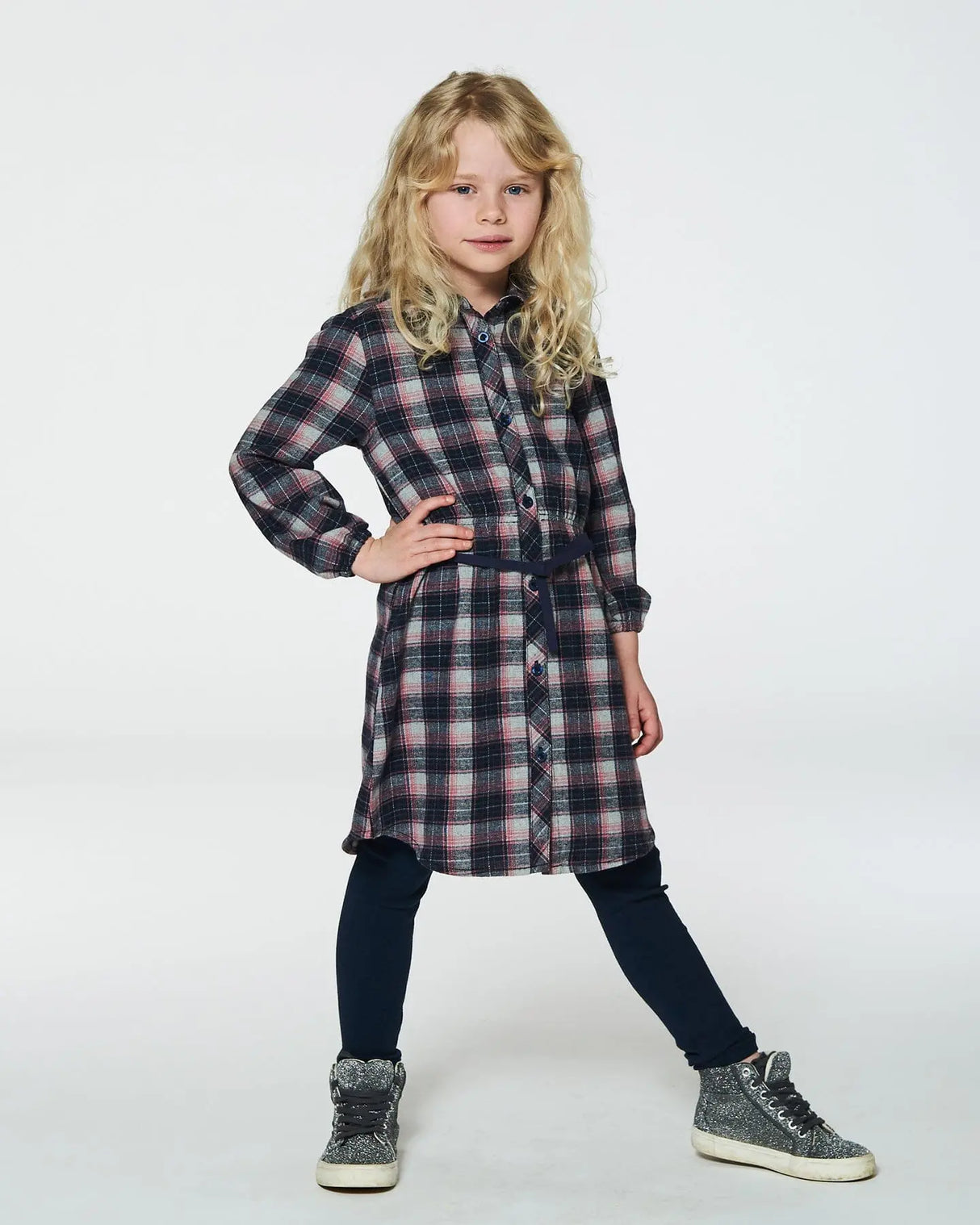 Shirt Flannel Dress With Belt Plaid Navy And Pink | Deux par Deux | Jenni Kidz