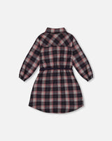 Shirt Flannel Dress With Belt Plaid Navy And Pink | Deux par Deux | Jenni Kidz