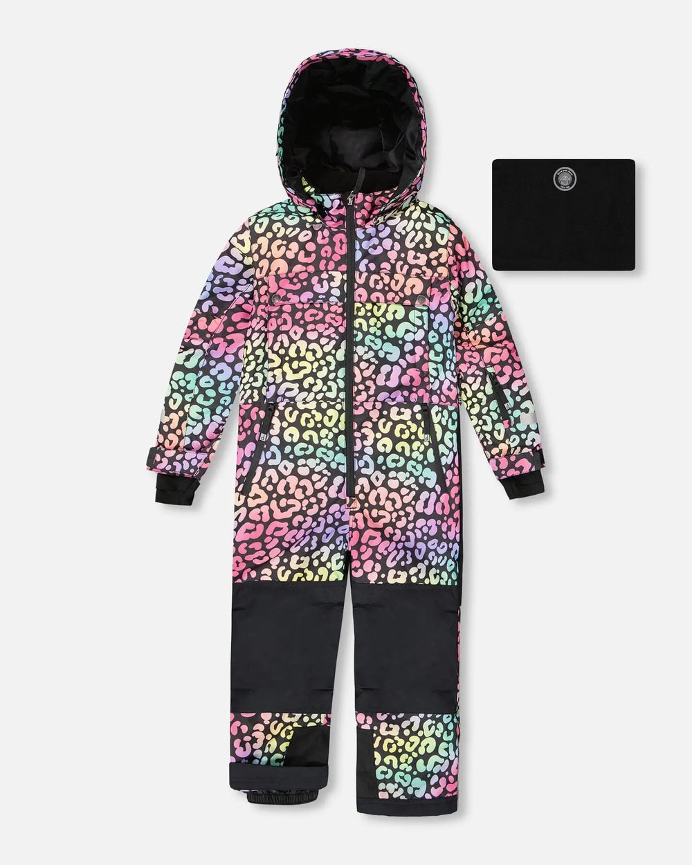 Shop Deux par Deux rainbow leopard one-piece TEKNIK snowsuit – front view