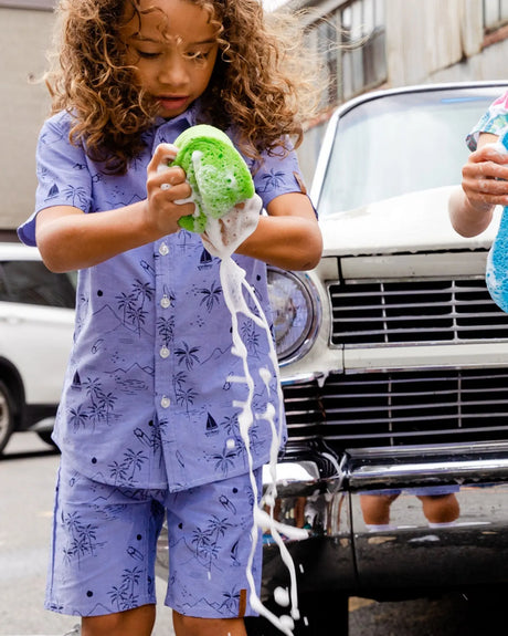 Short Sleeve Chambray Shirt Blue Printed Beach | Deux par Deux | Jenni Kidz