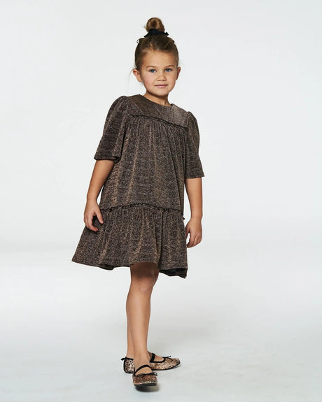 Short Sleeve Metallic Dress With Frills Golden Brown | Deux par Deux | Jenni Kidz