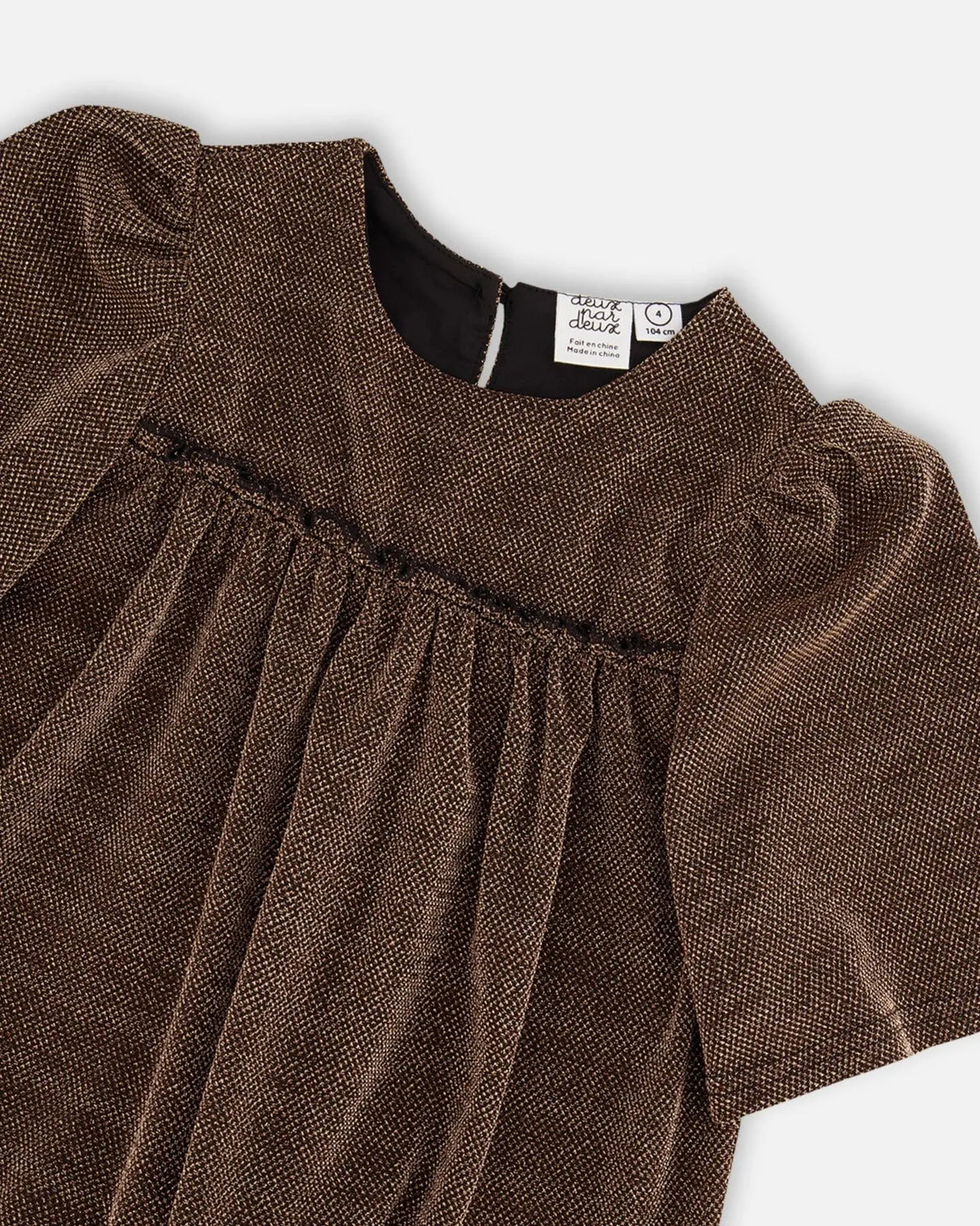 Short Sleeve Metallic Dress With Frills Golden Brown | Deux par Deux | Jenni Kidz