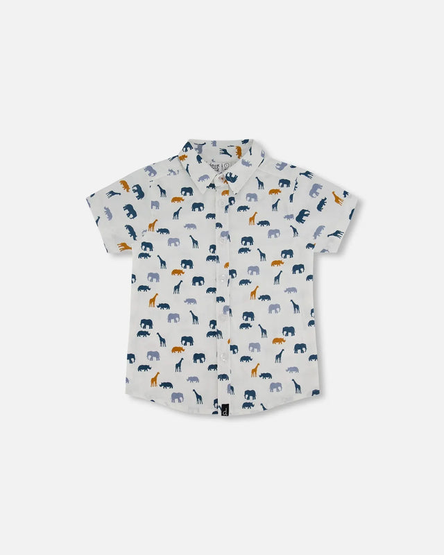 Short Sleeve Poplin Shirt White Printed Jungle Friends | Deux par Deux | Jenni Kidz