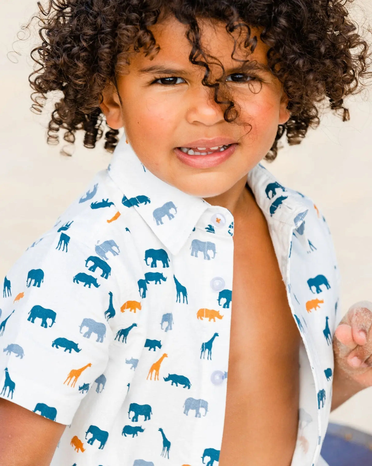 Short Sleeve Poplin Shirt White Printed Jungle Friends | Deux par Deux | Jenni Kidz