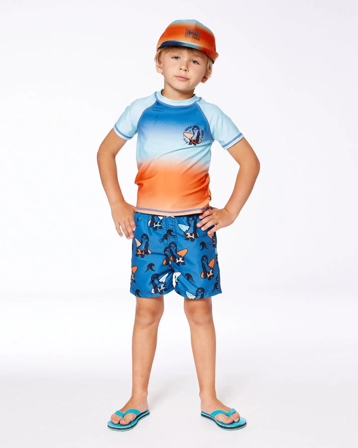 Short Sleeve Rashguard Navy Blue, Turquoise, And Orange | Deux par Deux | Jenni Kidz