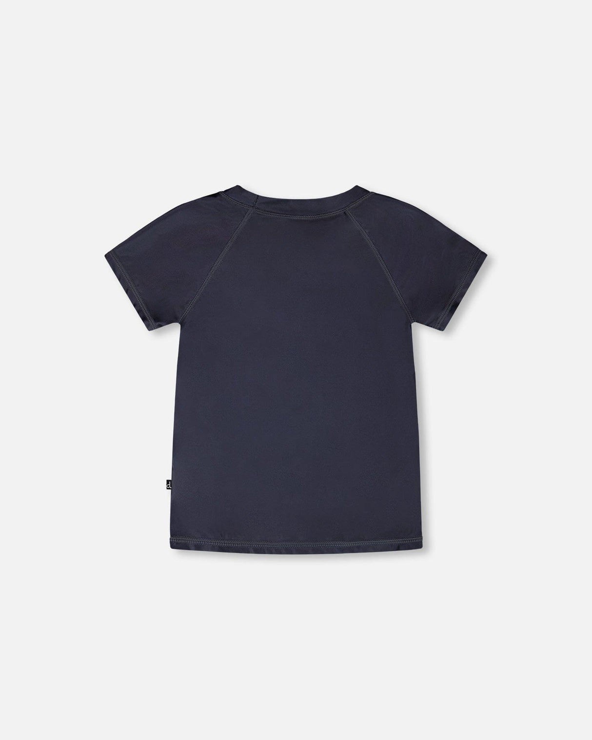 Back view of solid black short sleeve rashguard swim shirt for boys