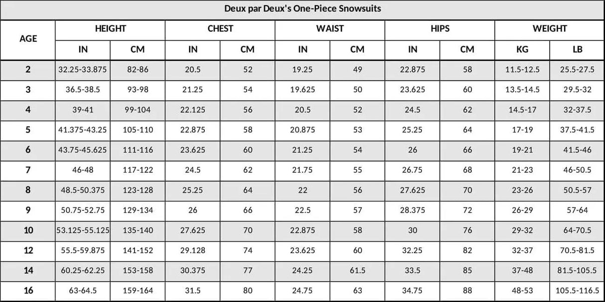 Size chart of colorful rainbow leopard fabric on Deux par Deux snowsuit