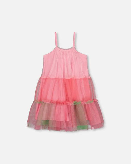 Sleeveless Color Block Tulle Dress Pink And Green | Deux par Deux | Jenni Kidz