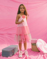 Sleeveless Color Block Tulle Dress Pink And Green | Deux par Deux | Jenni Kidz