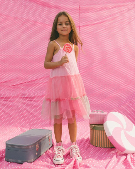 Sleeveless Color Block Tulle Dress Pink And Green | Deux par Deux | Jenni Kidz
