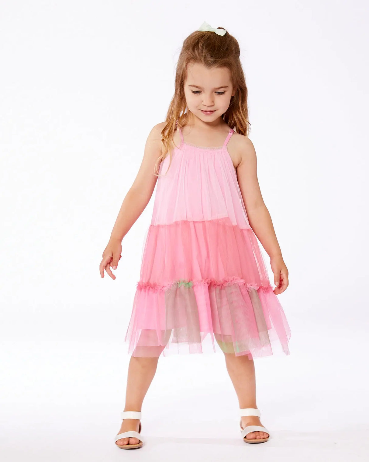 Sleeveless Color Block Tulle Dress Pink And Green | Deux par Deux | Jenni Kidz