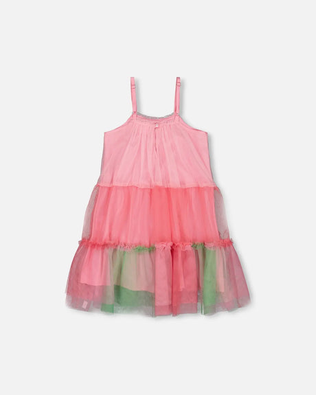 Sleeveless Color Block Tulle Dress Pink And Green | Deux par Deux | Jenni Kidz