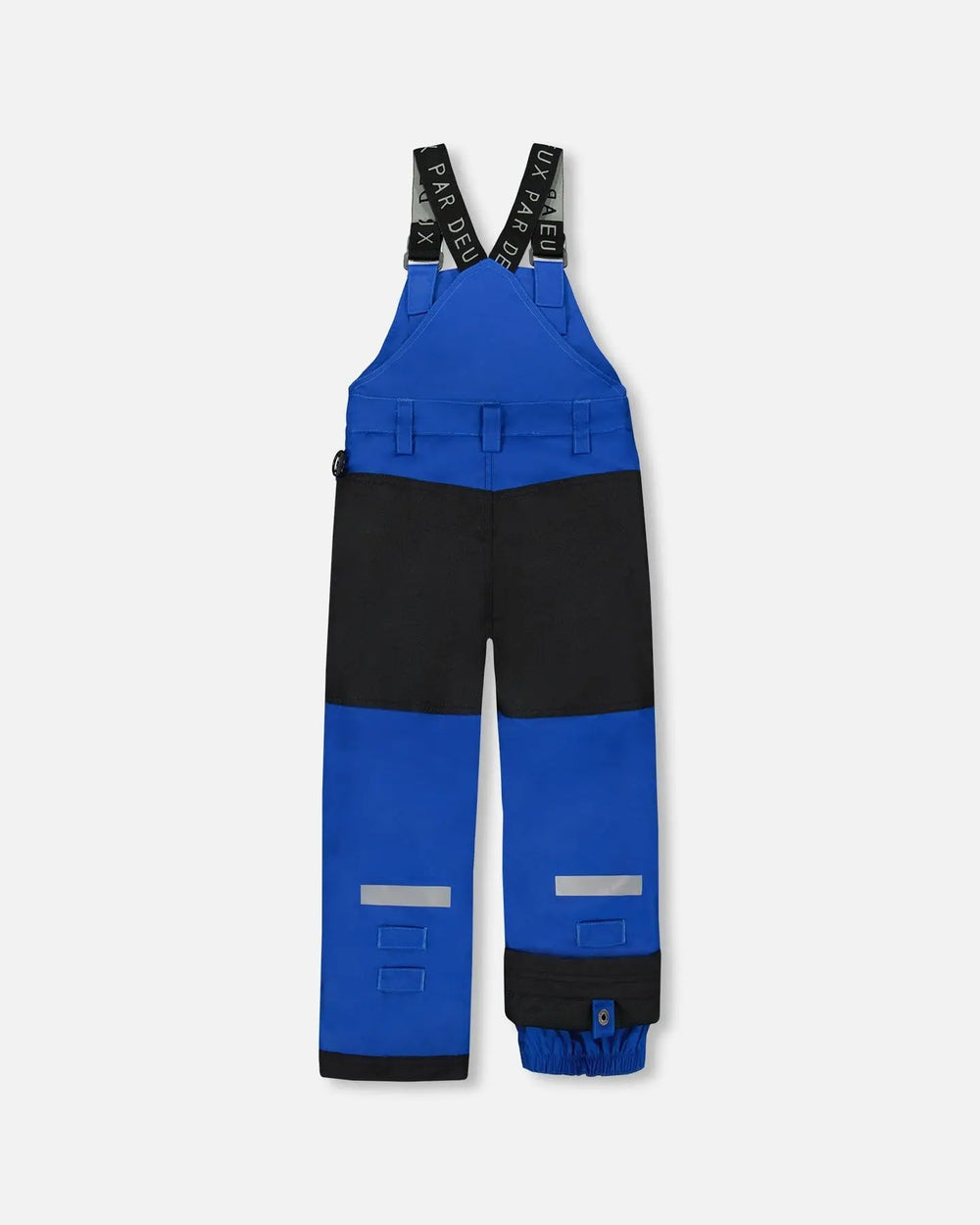Back view of Blue/Black winter overalls showing adjustable straps.