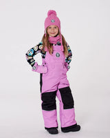 Back view of purple snow bib showing articulated knees and reflective details.