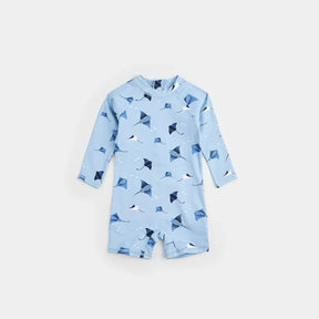 Petit Lem baby boy sky blue stingray print long-sleeve swim romper – front view