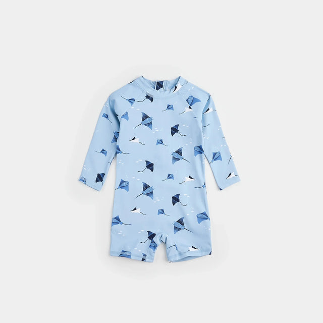 Stingray Print On Sky Blue Long-Sleeve Swim Romper | Petit Lem | Petit Lem | Jenni Kidz