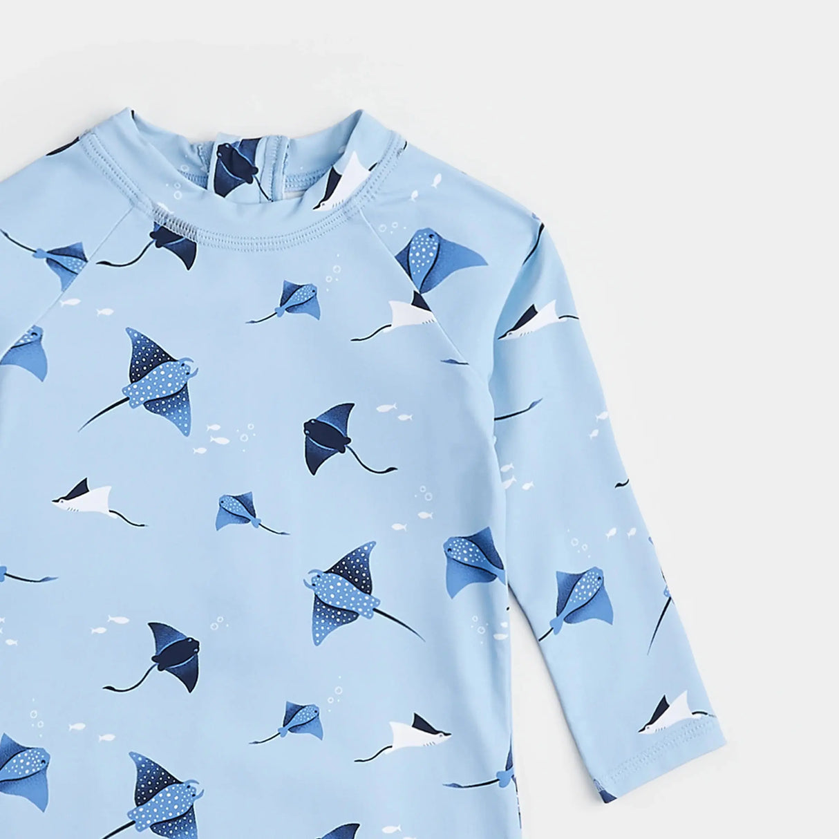 Stingray Print On Sky Blue Long-Sleeve Swim Romper | Petit Lem | Petit Lem | Jenni Kidz