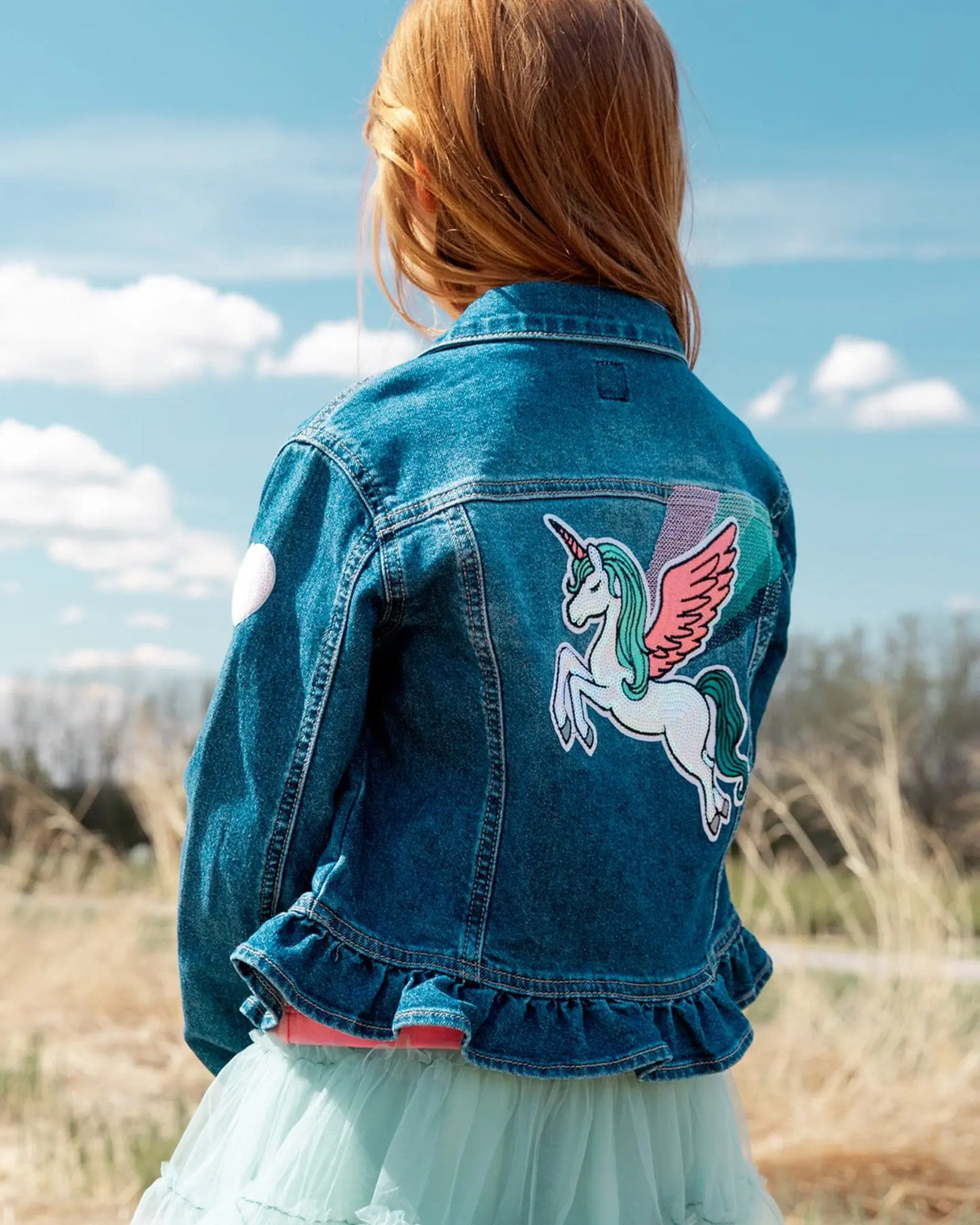 Stretch Denim Jacket With Unicorn | Deux par Deux | Jenni Kidz