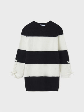 Front view of girls black and white wide-stripe knit dress