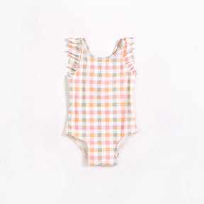 Petit Lem baby girls Summer Gingham one-piece swimsuit with pastel check and flutter straps