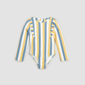 Miles The Label baby girls and girls Sunrise/Blue striped long-sleeve swimsuit with UPF 50+ and ruffles.