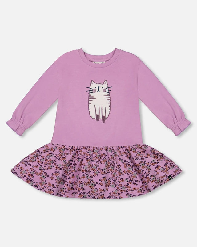 Super Soft Dress With Print Skirt Lilac Mini Flowers | Deux par Deux | Jenni Kidz