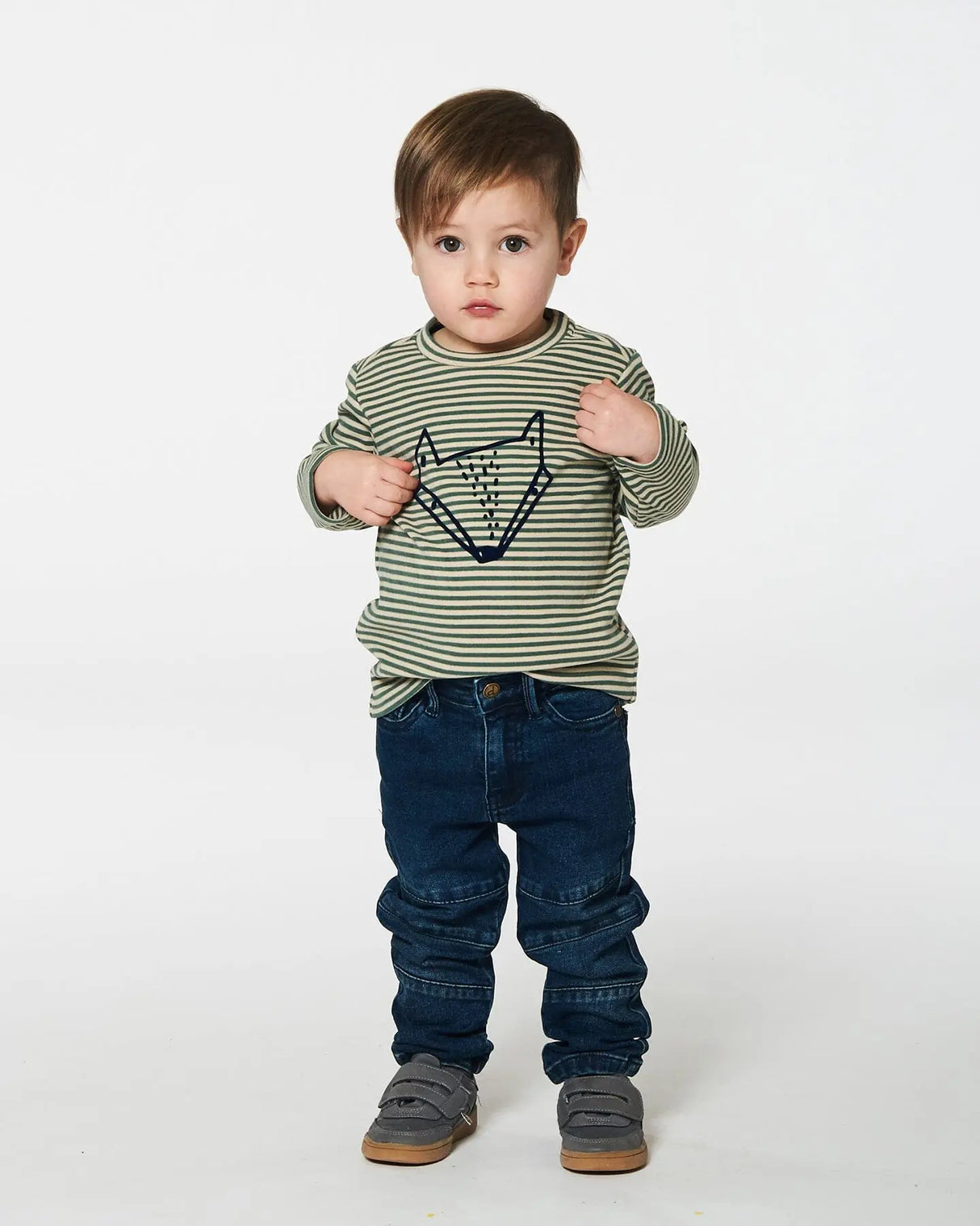 Super Soft Striped T-Shirt With Print Green And Beige | Deux par Deux | Jenni Kidz