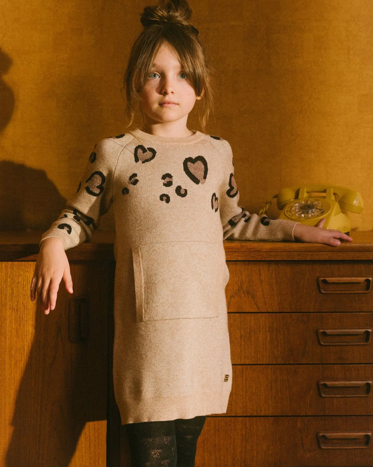 Sweater Dress With Heart Jacquard Beige Mix | Deux par Deux | Jenni Kidz