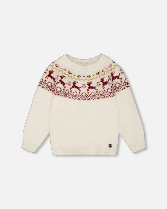 Sweater With Christmas Intarsia Off White And Red | Deux par Deux | Jenni Kidz