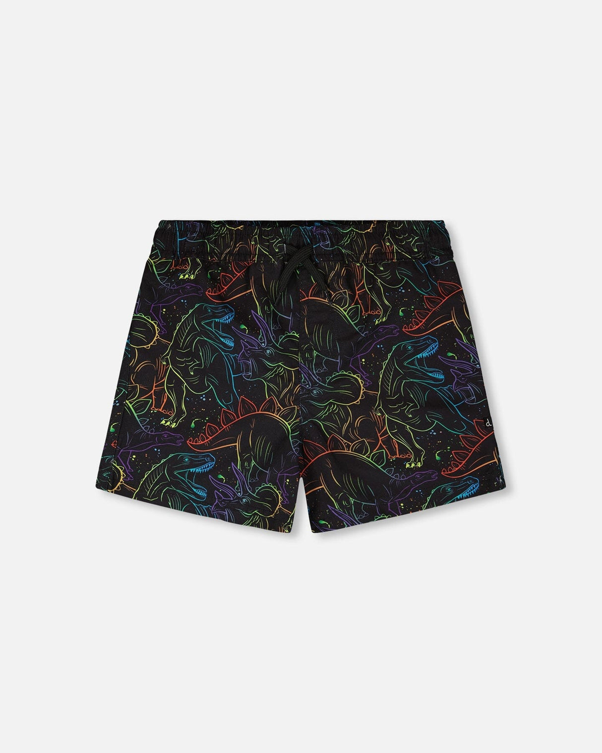 Front flat lay of Deux par Deux baby and boy black dinosaur boys swim trunks