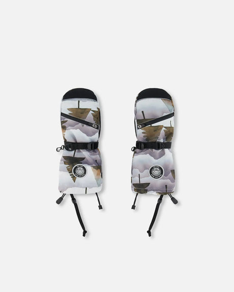 Technical Mittens Grey Landscape Printed Brown Trees | Deux par Deux | Jenni Kidz