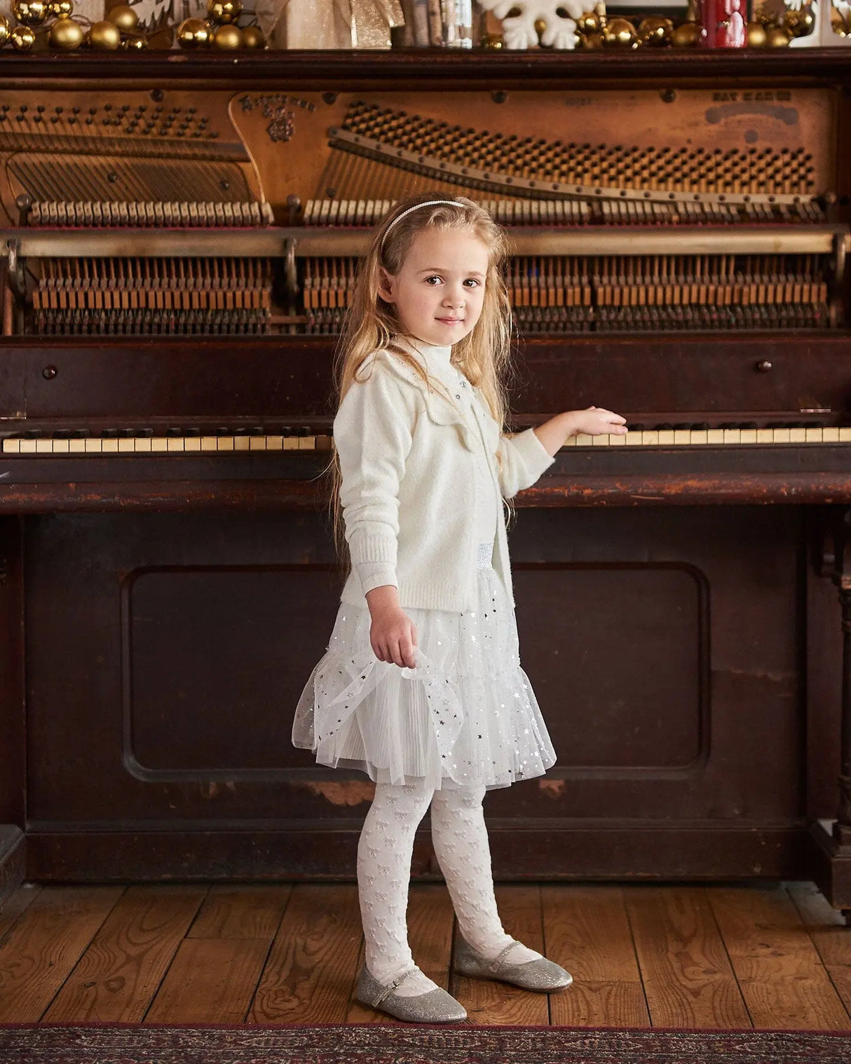 Tights With Bow Jacquard Off White | Deux par Deux | Jenni Kidz