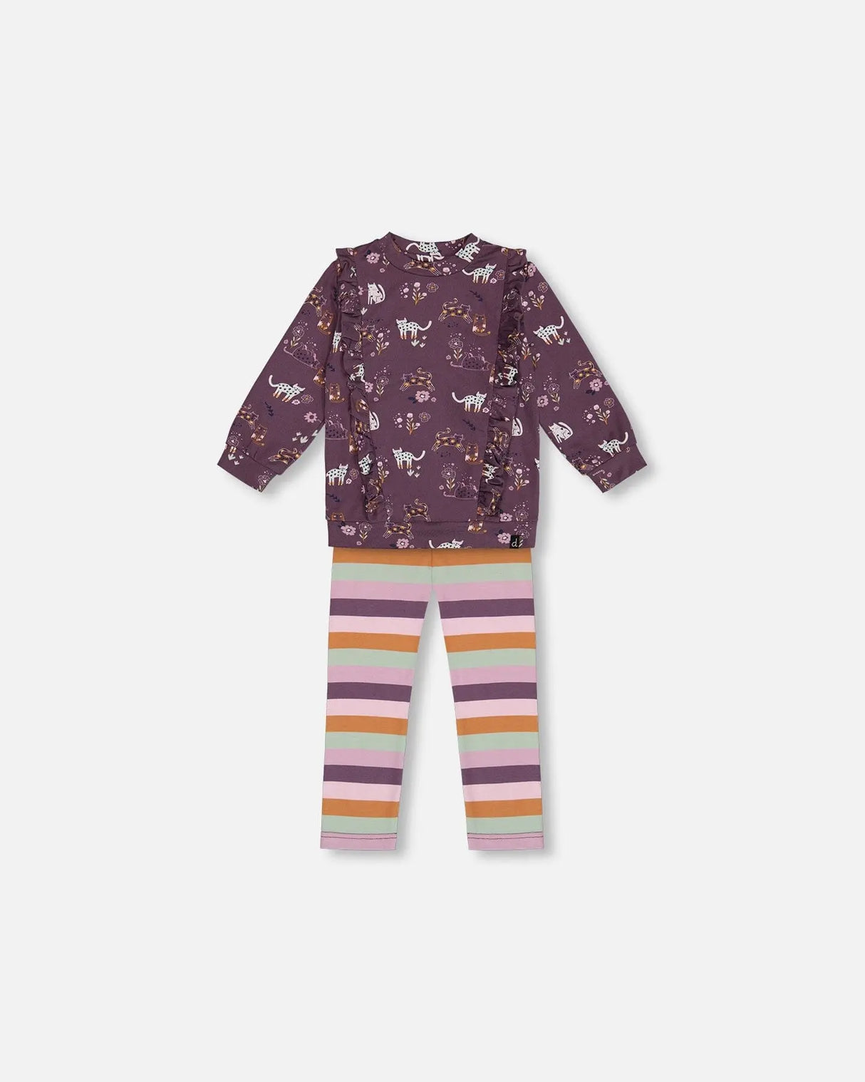 Tunic Mauve Printed Cats And Striped Leggings Set | Deux par Deux | Jenni Kidz